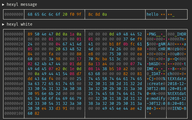 Binary content of 'message' and 'white'